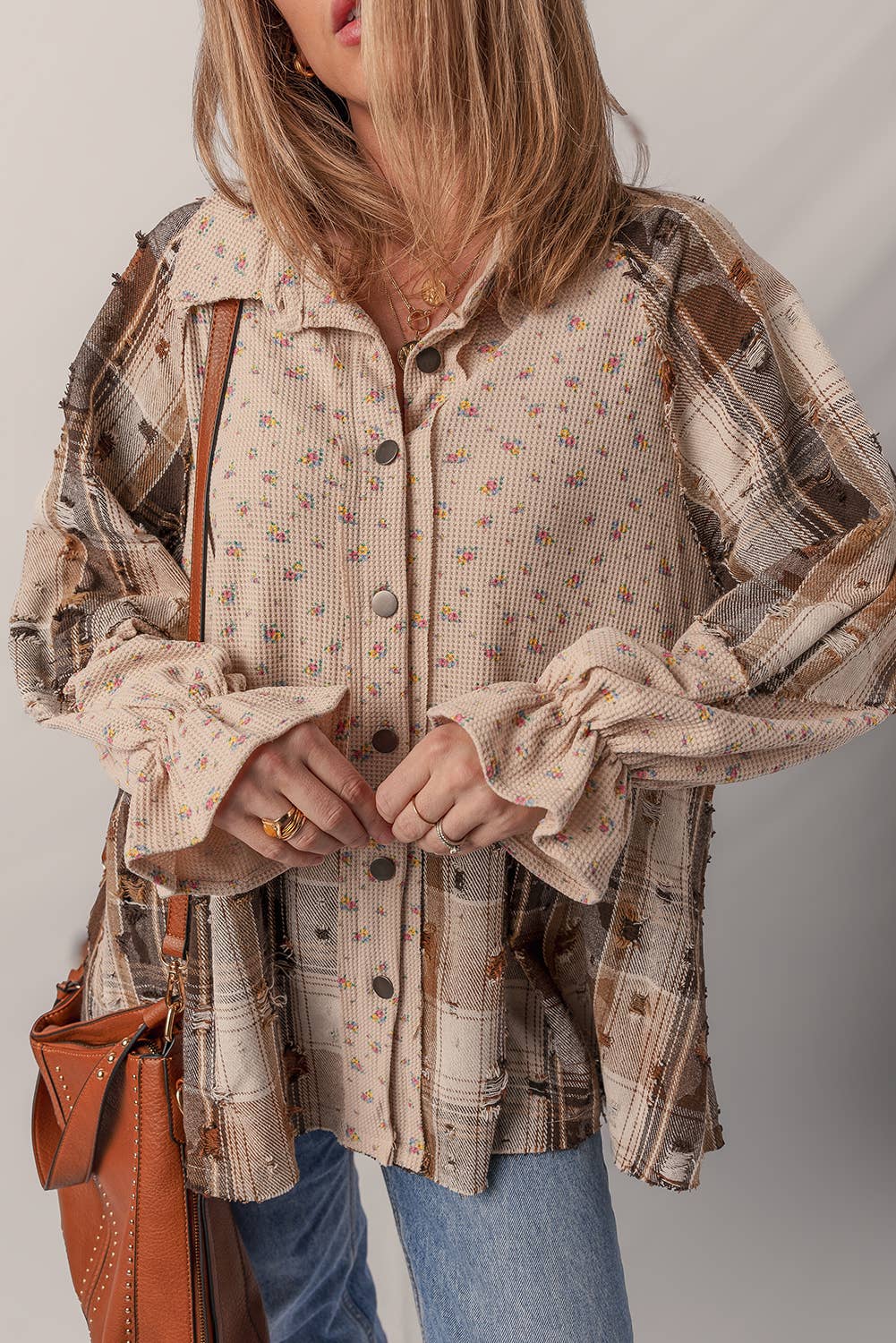 1 the Woman - Wholesale Shirt Jacket/Shacket - Women's - Distressed Detail Ruffled Sleeve Waffle Knit Shacket4