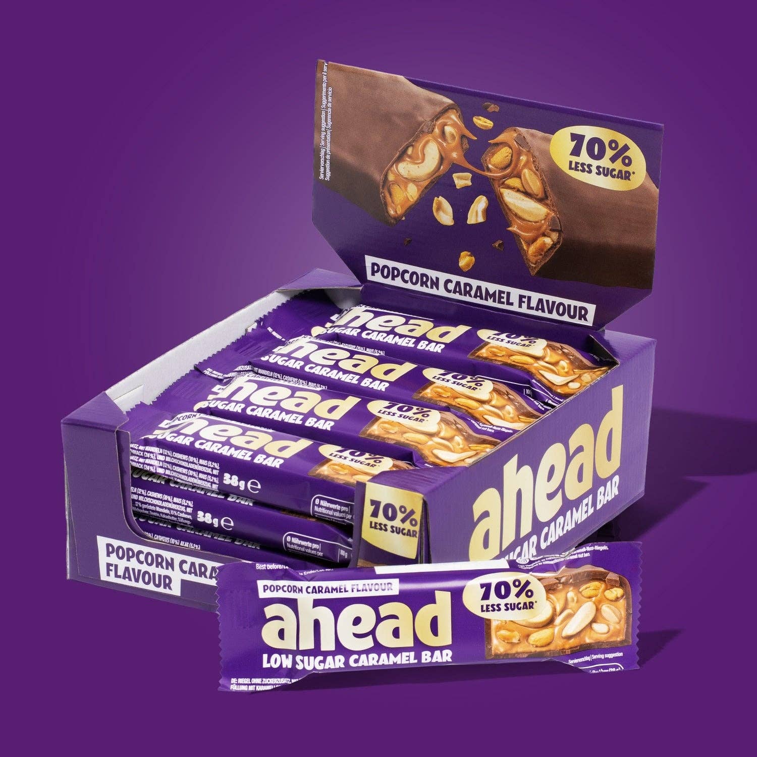 ahead - Wholesale Chocolate Bar - Popcorn Crunch - Caramel Bar (Tray 12x38g)1