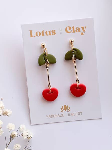 Valentine’s Day cherry heart dangle earrings, clay jewelry for wholesale by Lotus of clay
