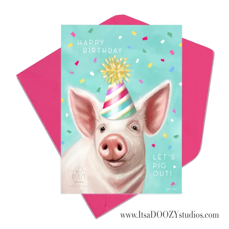 It’s a Doozy Studios - Wholesale Birthday Card - Let’s Pig Out! - Colorful Animal Card With Matching Envelope0