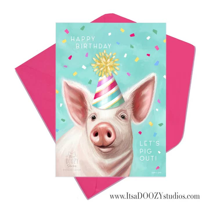 It’s a Doozy Studios - Wholesale Birthday Card - Let’s Pig Out! - Colorful Animal Card With Matching Envelope