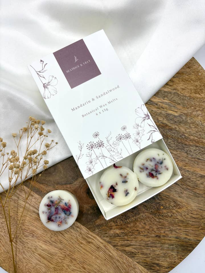 Mandarin & Sandalwood Boxed Botanical Wax Melts for wholesale by Beatrice & Lilly