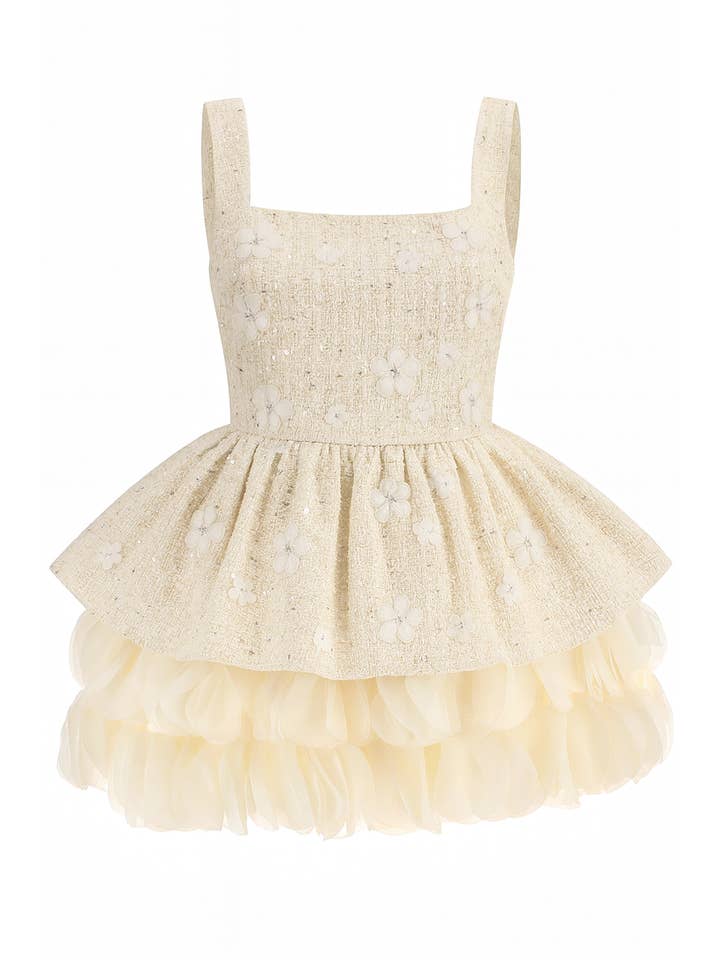 DR633 Floral Beaded Tweed Petal Dress – Holiday Luxe Edition for wholesale on Faire