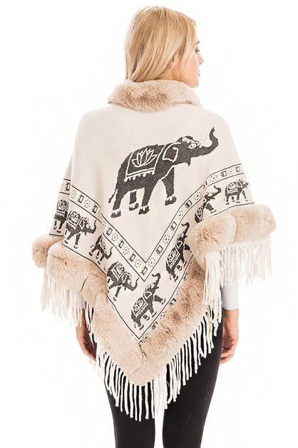 Cap Zone - Wholesale Poncho - Women's - Lucky Elephant Printed Fur Neckline Soft Cozy Poncho8