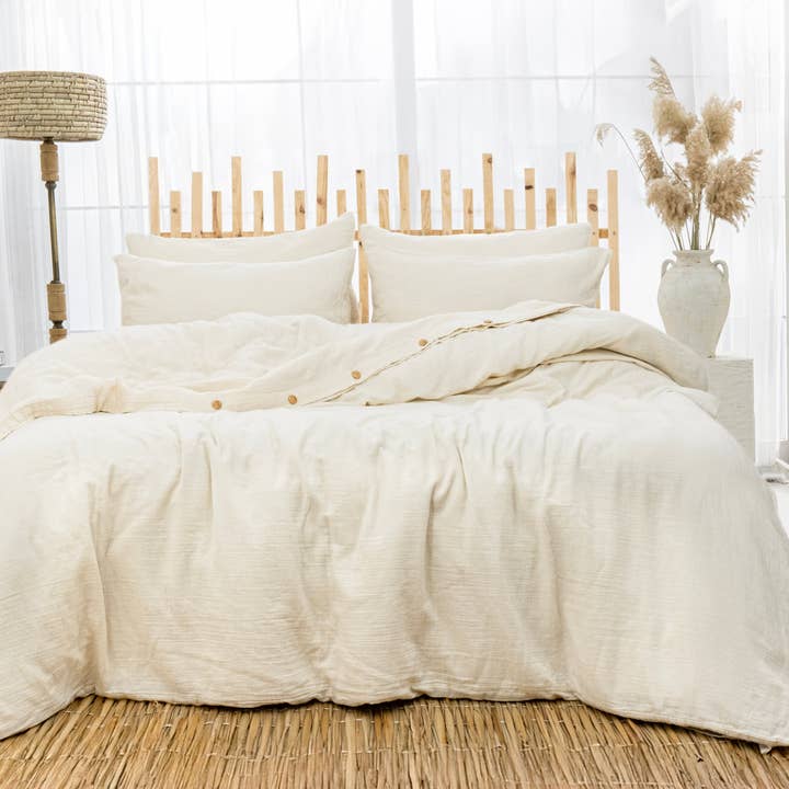 GOTS Certified Organic Muslin Duvet Cover Set with Fitted Sheet and Pillowcases – Hypoallergenic Cotton Bedding for wholesale by Naturloom