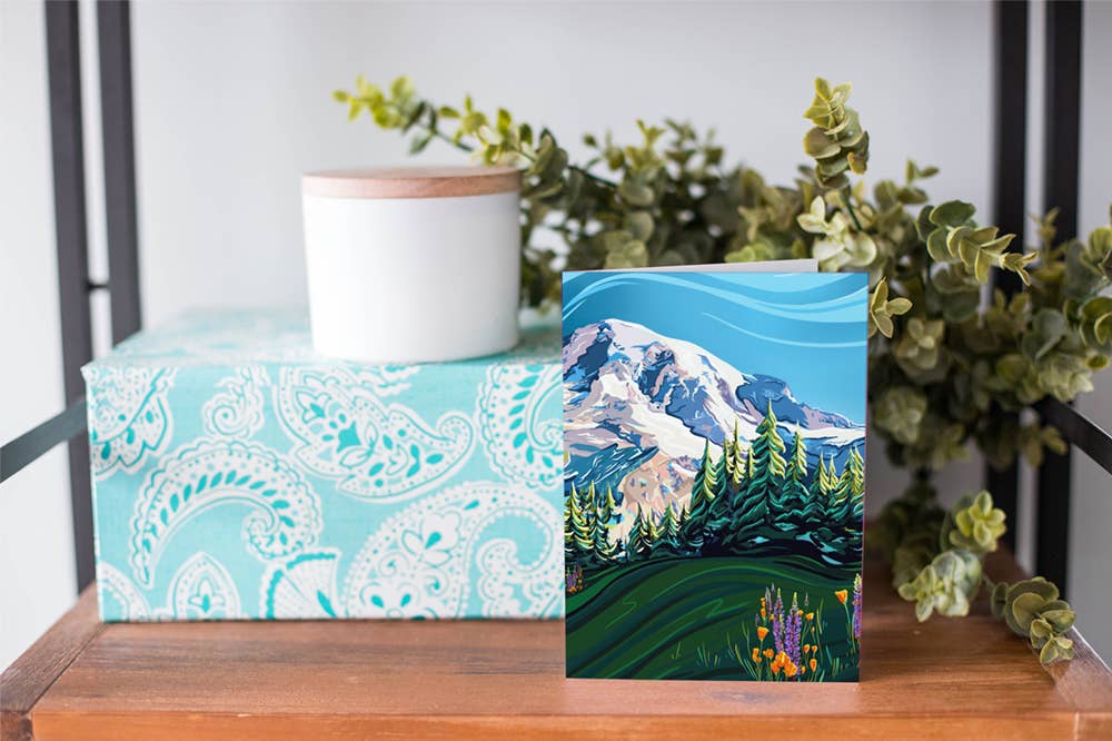 Linda Sholberg Art – Engroshandel Hverdagshilsen kort – Mount Rainier og Wildflowers lykønskningskort (5x7/A7)4