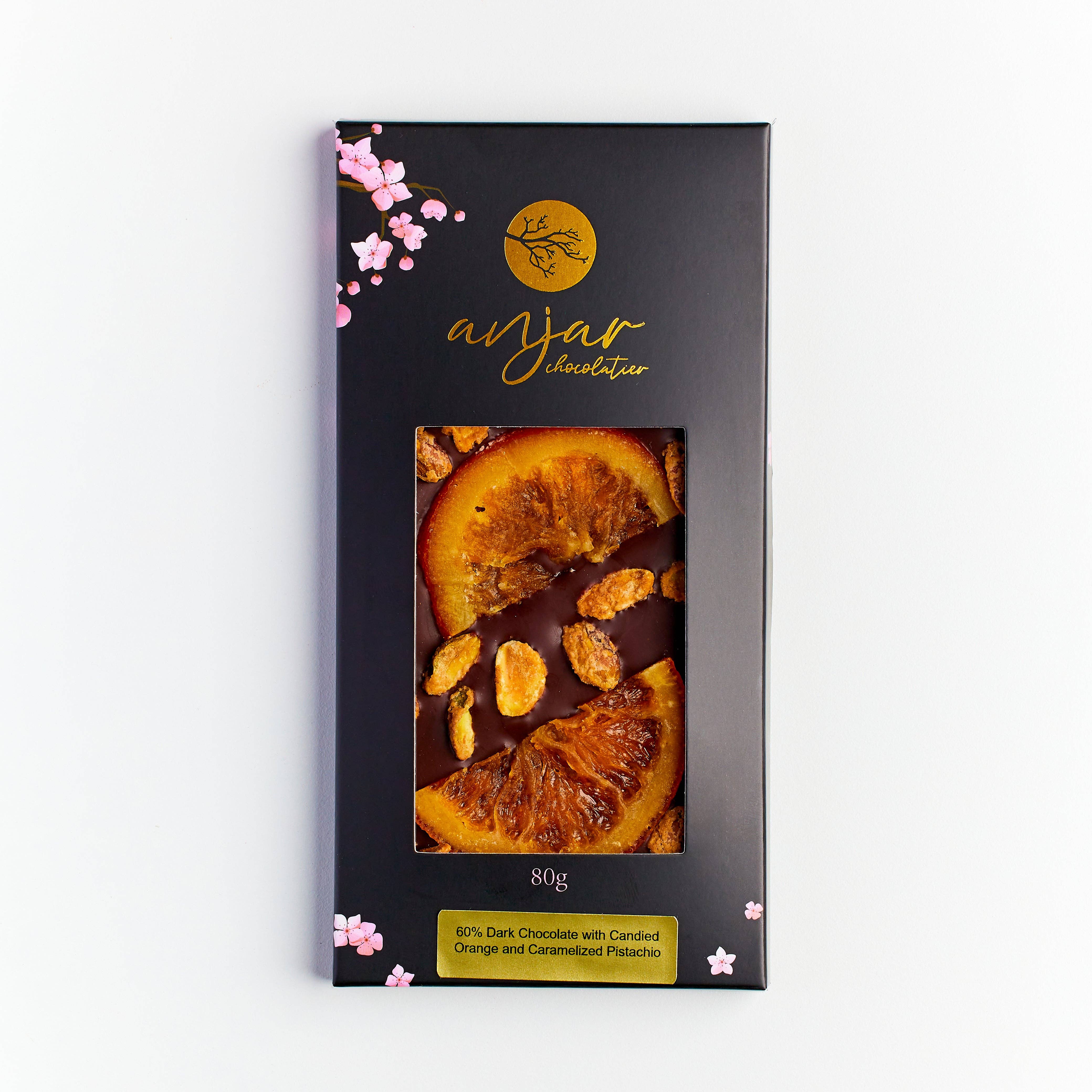 Anjar Chocolatier - Vente Barre chocolatée - Tablette de chocolat noir 60 % orange et pistache1