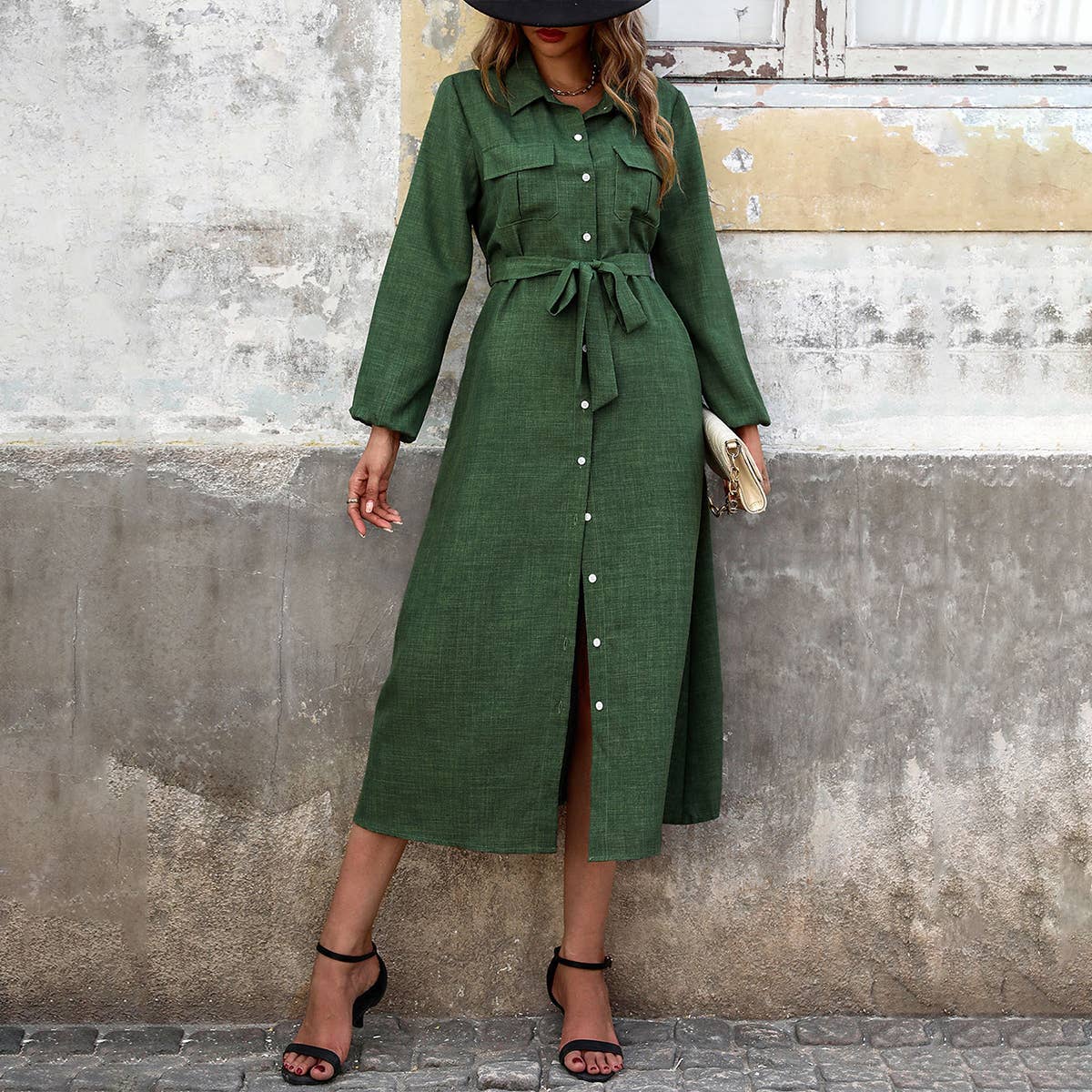 ARMYGREEN SOLID COLOR DRESS WITH LONG SLEEVES AND LAPELS for wholesale on Faire0