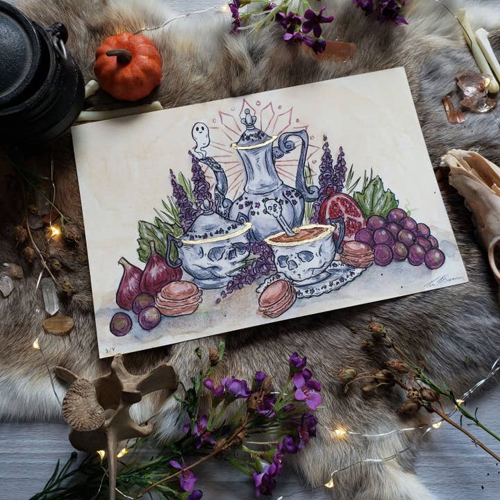 Haunted Tea Party Hand Embellished Fine Art Print for wholesale by Tia Kinsman