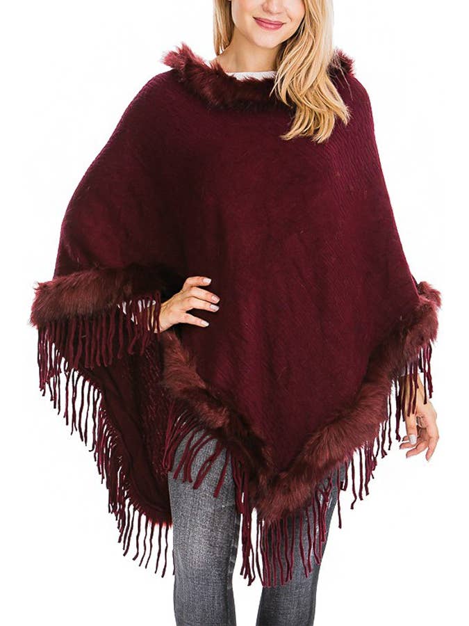 Cap Zone – wholesale Poncho – Women's – Faux Fur Lined Fringe Trim Pullover Poncho14