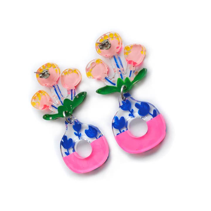 Boo and Boo Factory - Wholesale Hangende/ronde oorbellen - Neonroze bloemoorbellen in vazen met botanische patronen9