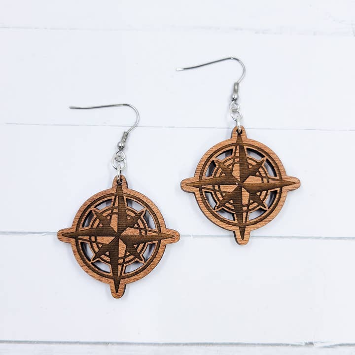 Compass Wooden Dangle Earrings for wholesale by The Purple Chickadee