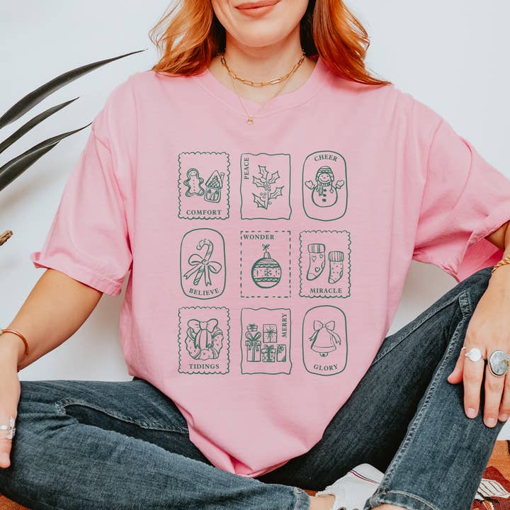 Scripted Pearl - Wholesale Screen Printed T-Shirt - Women's - Christmas Stamps Comfort Colors Holiday Graphic T Shirt6