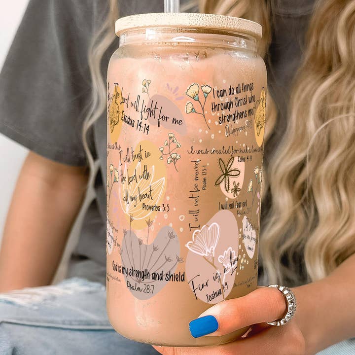 Sip-Sip Hooray! - Wholesale Drinking Glass/Cup - Bible Affirmations 16oz Glass Can Cup with Lid and Straw