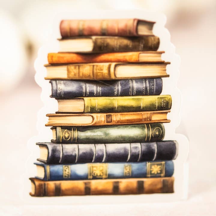 Grote stapel boeken, vinylsticker, 3x3 in. voor wholesale door Savannah and James Co
