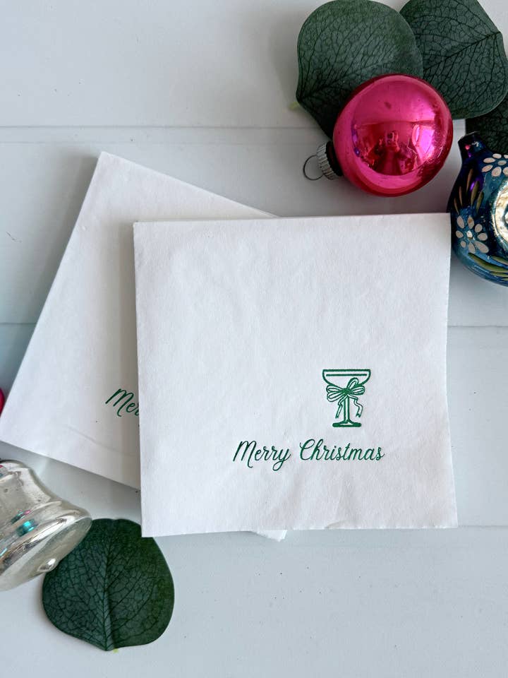 Merry Christmas Coup Glass & Bow Cocktail Napkins for wholesale by EnFete, LLC