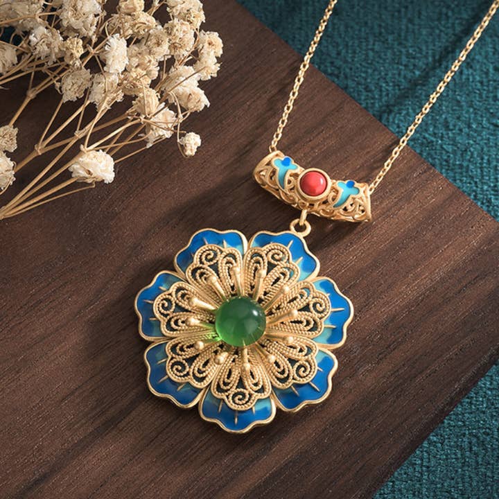 Bright MacMing - Wholesale Pendant/Charm Necklace - Detailed Blue Enamel Flower Necklace2