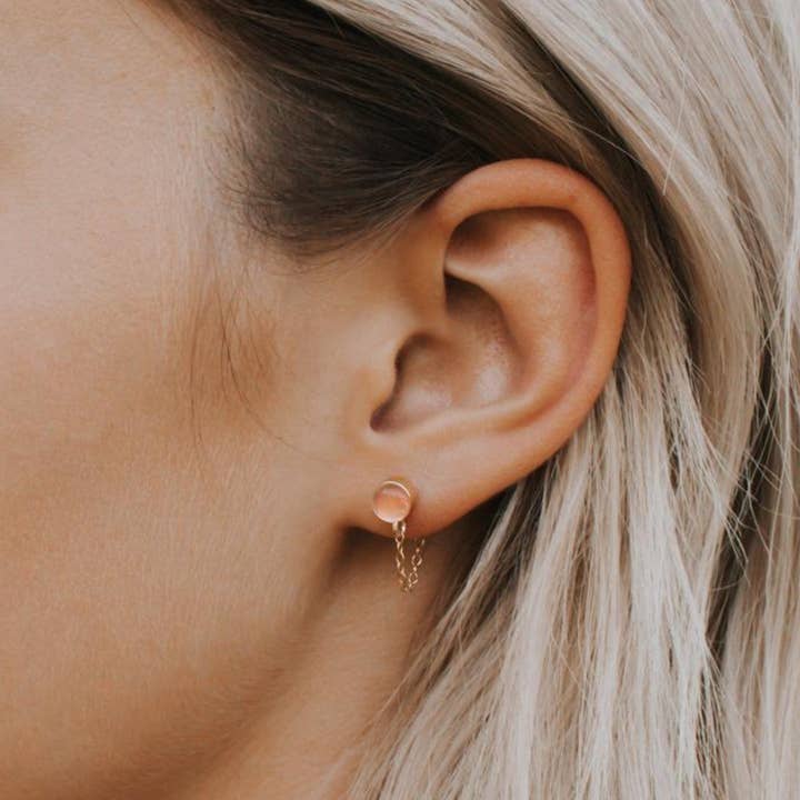 Gemstone Stud Chain Earrings - Rose Quartz for wholesale by A Worthy Brand