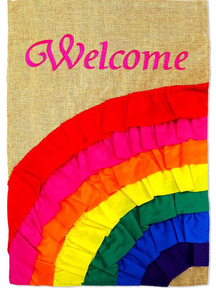 Flag Velkommen Rainbow Ruffles Jute Pride Fun Sun Garden for engroshandel hos Two Group Flag Co