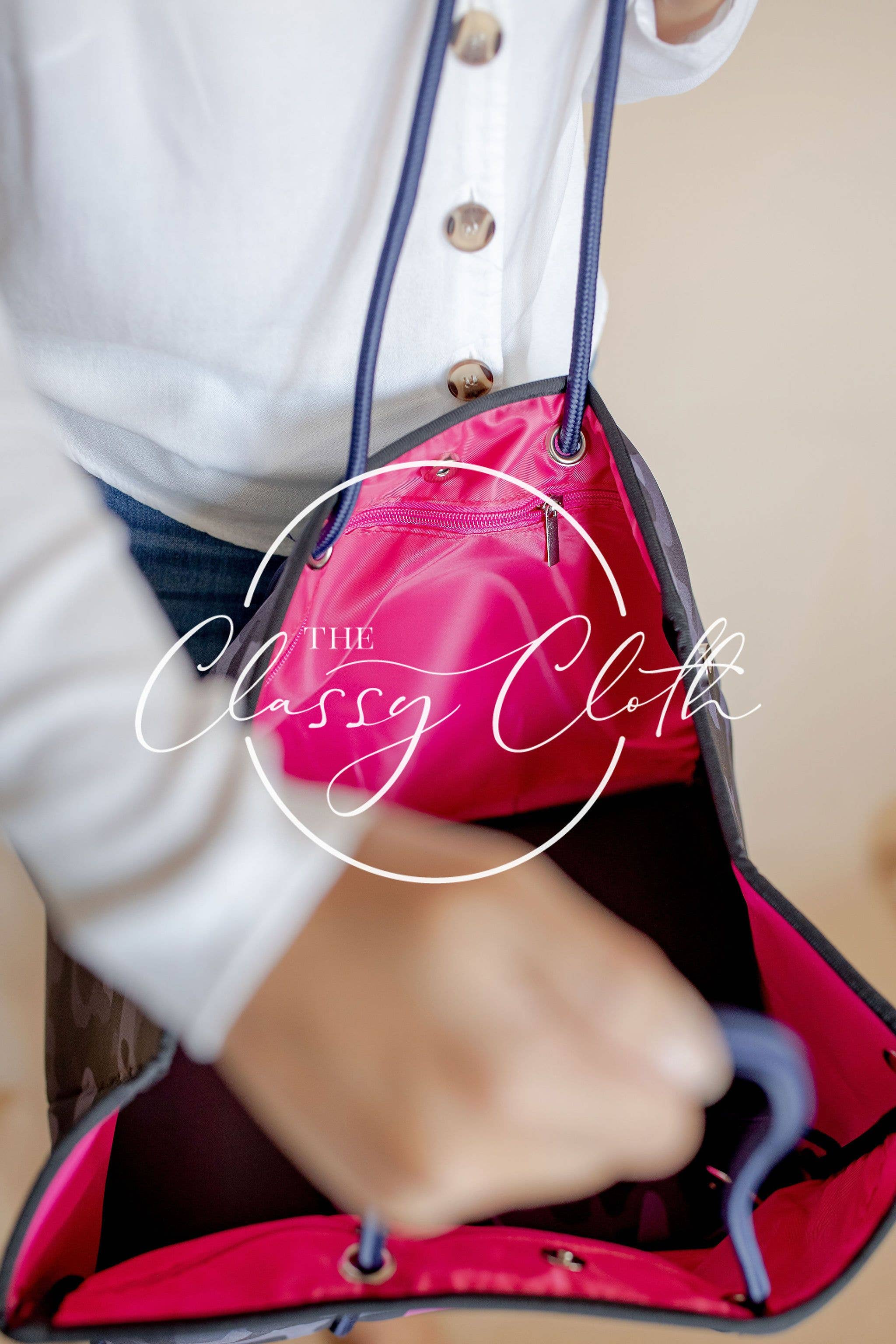 The Classy Cloth WS – Saco de praia por atacado – Saco Praia - Camo Cinzento Roxo c/ RTS Rosa RTS2