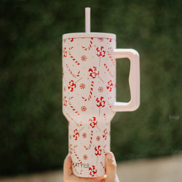 Light Pink Candy Canes Christmas Tumbler Cup w/ Handle for wholesale on Faire
