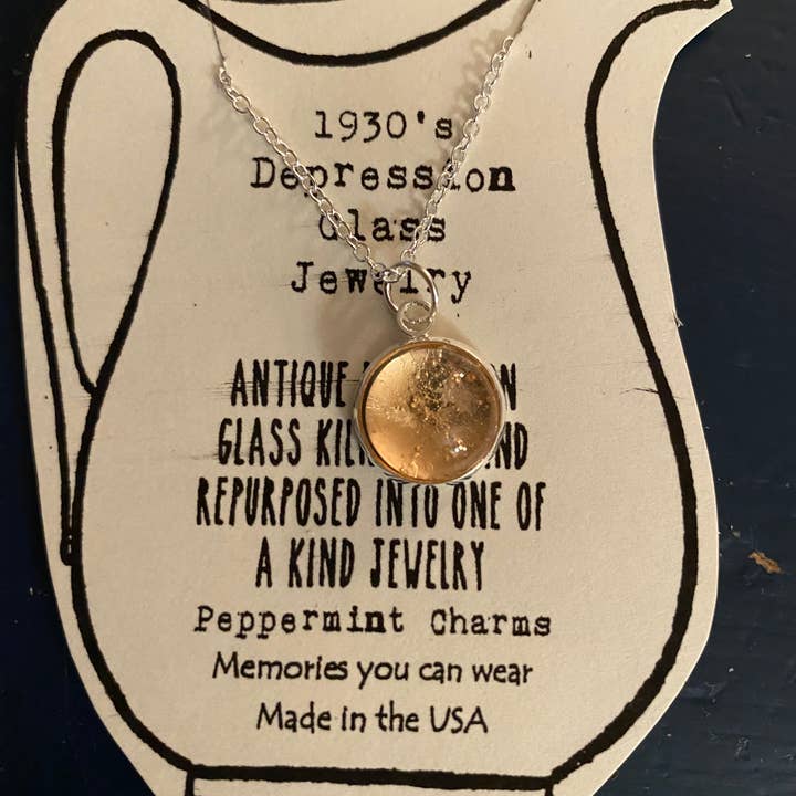 Beveled Pink Depression glass pendant necklace 20” sterling for wholesale by Peppermint Charms