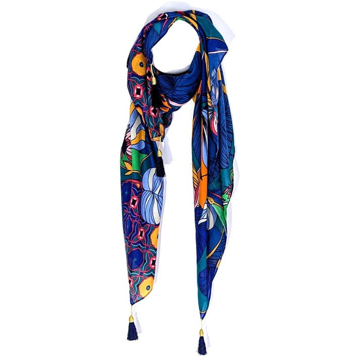 Foliage frenzy scarf with golden bound corner tassel for wholesale by Tempest Designs