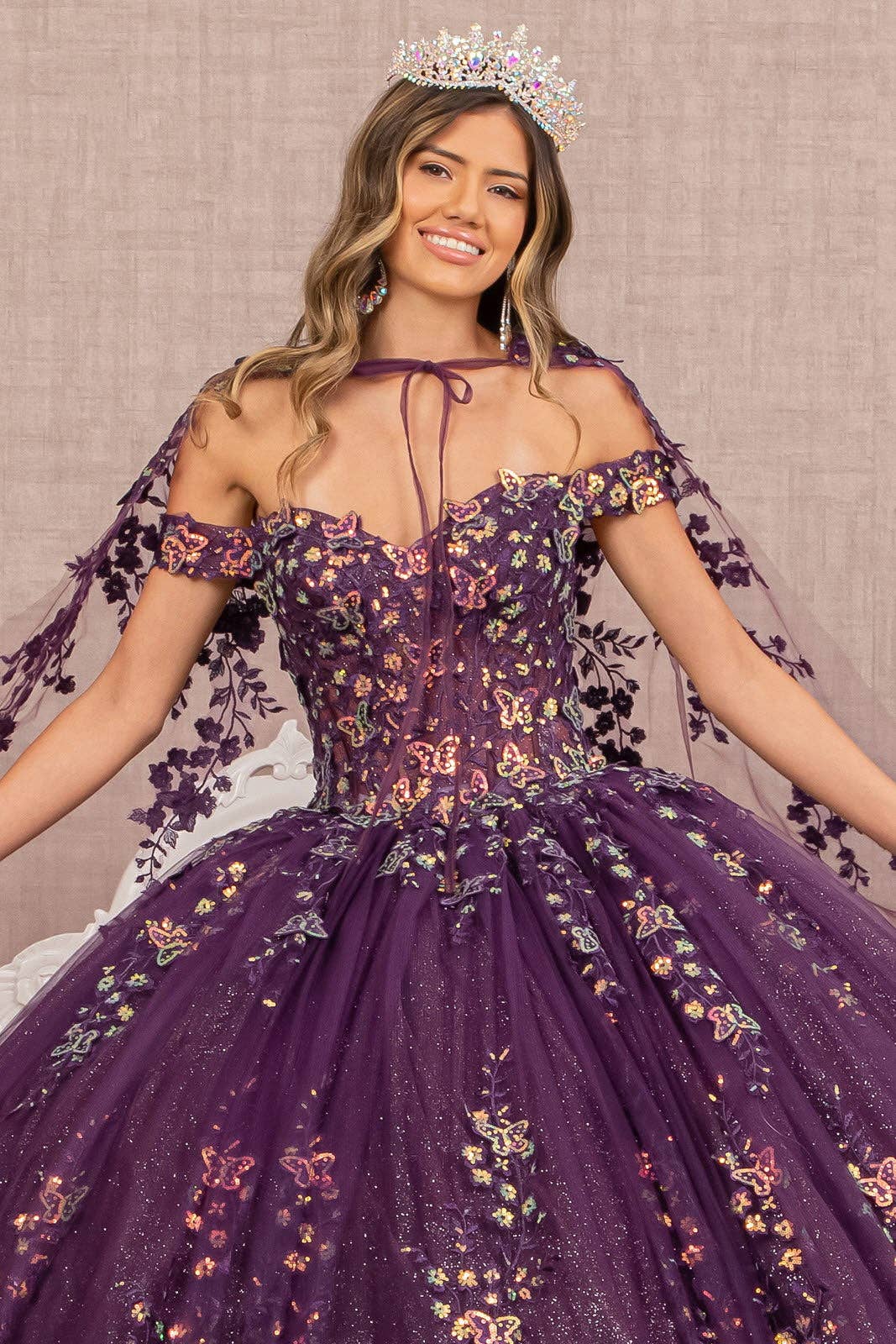 PURPLE 3D Butterfly Sheer Bodice w/ Long Mesh Cape Quinceanera Dress GLGL3171 for wholesale on Faire3