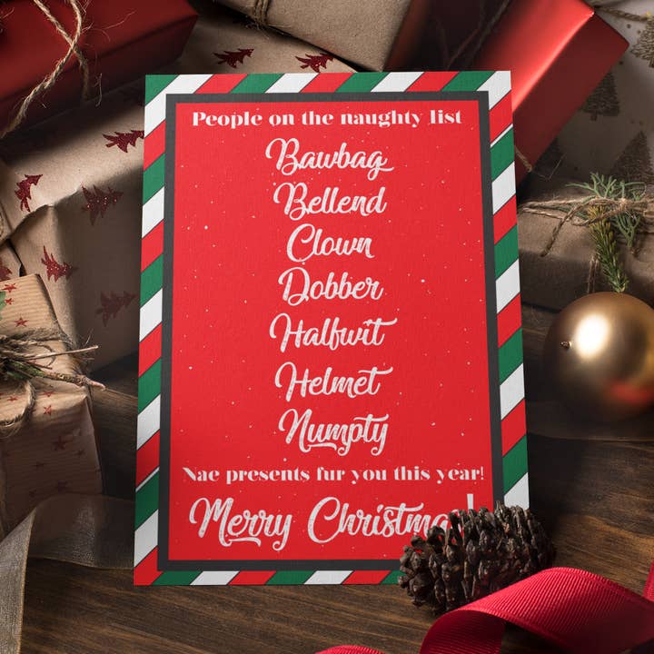 Schottische Weihnachtskarte - Naughty List für den Großhandel von Brave Scottish Gifts