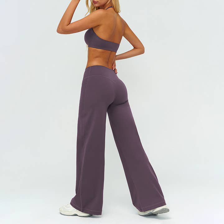 V-neck backless sports bra + high-waisted loose wide-leg pants 2-piece set for wholesale by WONDERXFANS