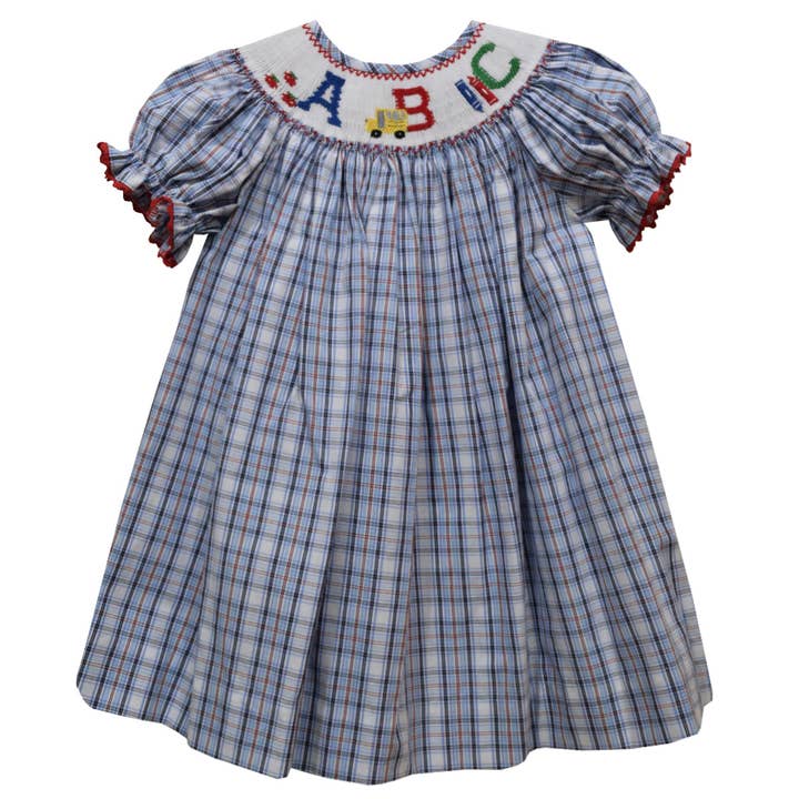 B-T-S Smocked Navy White & Red Plaid Short Sleeve Bishop for wholesale by Vive La Fete