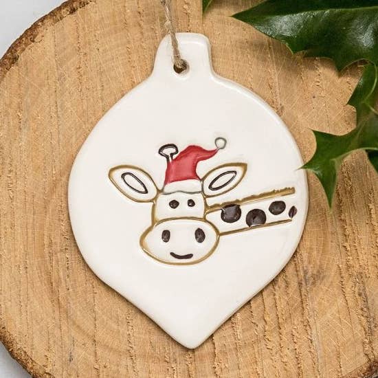 Christmas - Giraffe with Santa Hat - Handmade ceramic bauble for wholesale by Broadlands Pottery