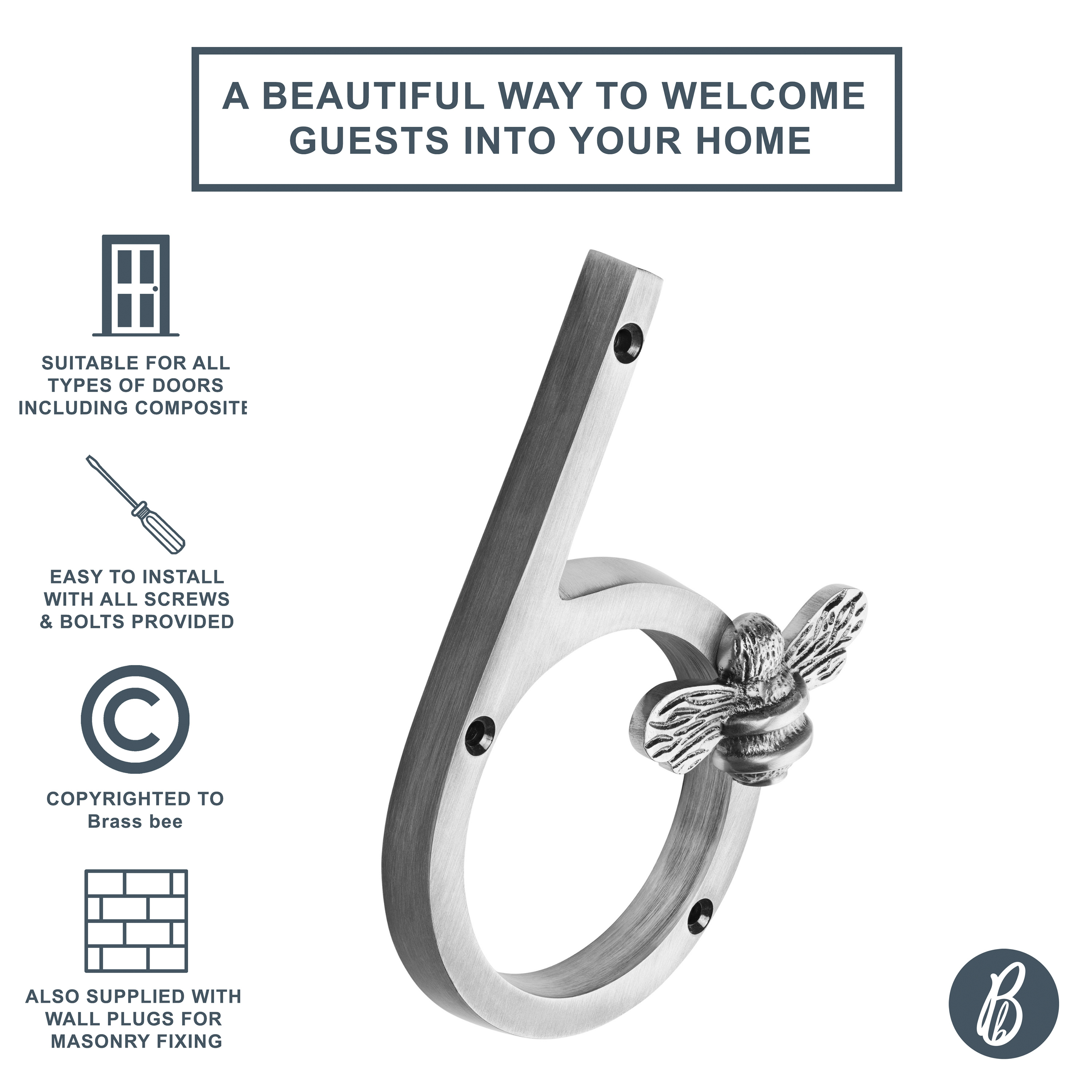 Brass bee - Vendita all'ingrosso Manopola/pomello - Numeri civici Brass bee in ottone finitura peltro con ape, altezza 13 cm9