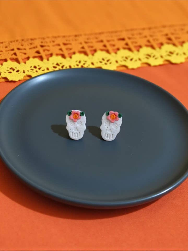 Floral Skull Studs for wholesale by Clay Dazing