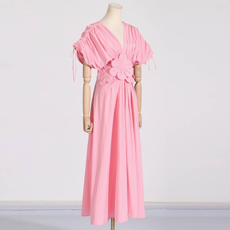 Branco SY185 Elegante Vestido Longo com Colagem Floral com Decote em V e Cintura Alta para venda a revendedores na Faire10