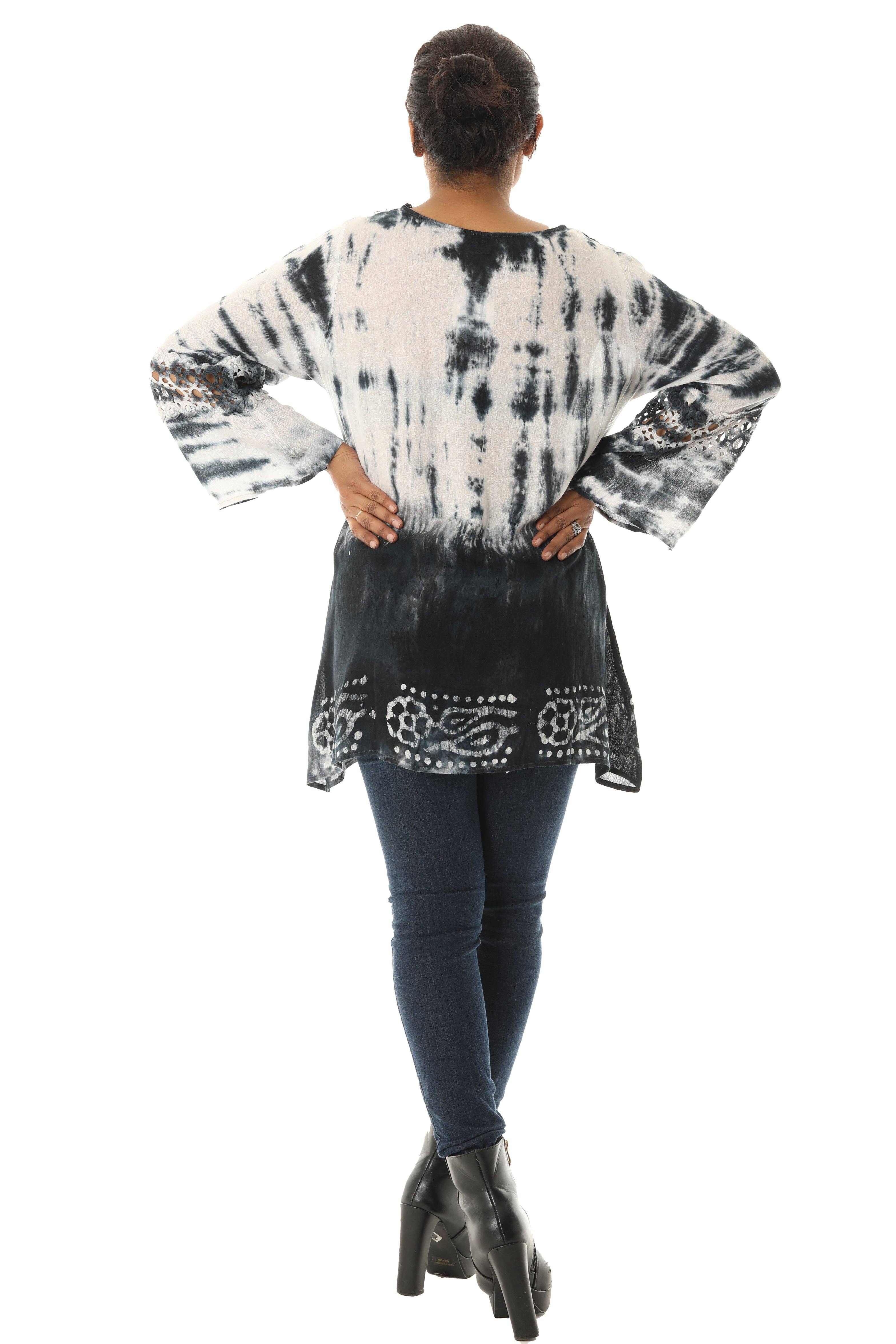Shoreline Wear. INC – wholesale Tunic – Women’s – Long Sleeve Tie Dye V-Neck Tunic with Floral & Mesh Pattern4