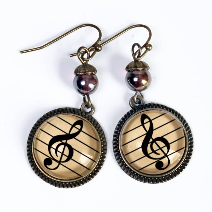 Treble Clef Music Decoupaged Glass Cabochon Dangle Earrings for wholesale by The Divine Iguana