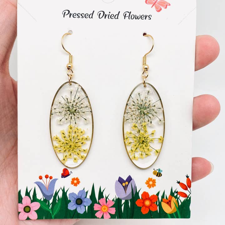 Two-Tone Queen Anne's Lace Dried Flowers Oval Earrings - PDF and other Purchase Wholesale flores artificiais. Free Returns & Net 60 Terms on Faire trending on Faire.