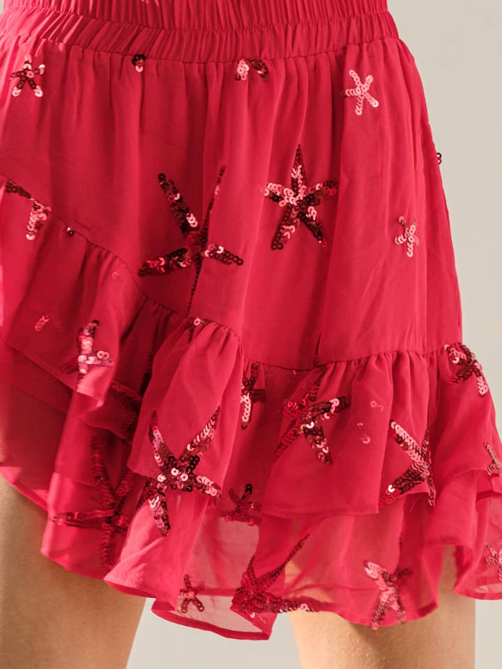RED 32425S - Chiffon Star Sequin Print Asymmetrical Skirt for wholesale on Faire