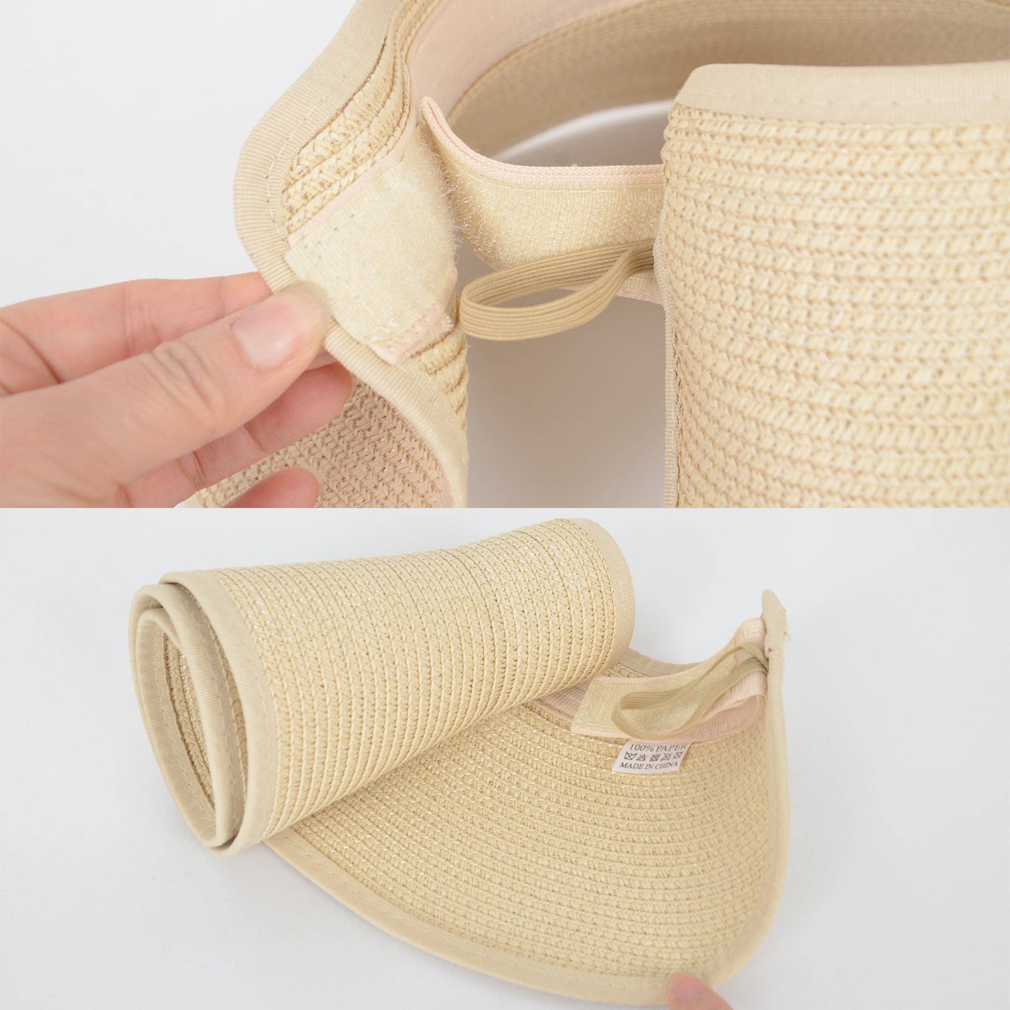 AK Brand – wholesale Visor – Women's – Wide Brim Roll-Up Straw Sun Visor Packable Beach Hat UV10