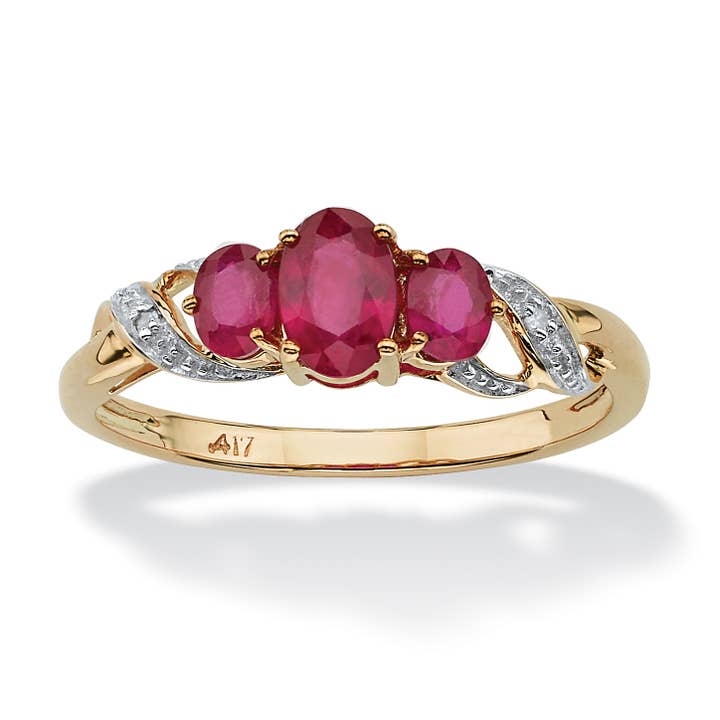Oval-Cut Ruby and Diamond Three Stone Ring in 10k Gold for wholesale by PalmBeach Jewelry