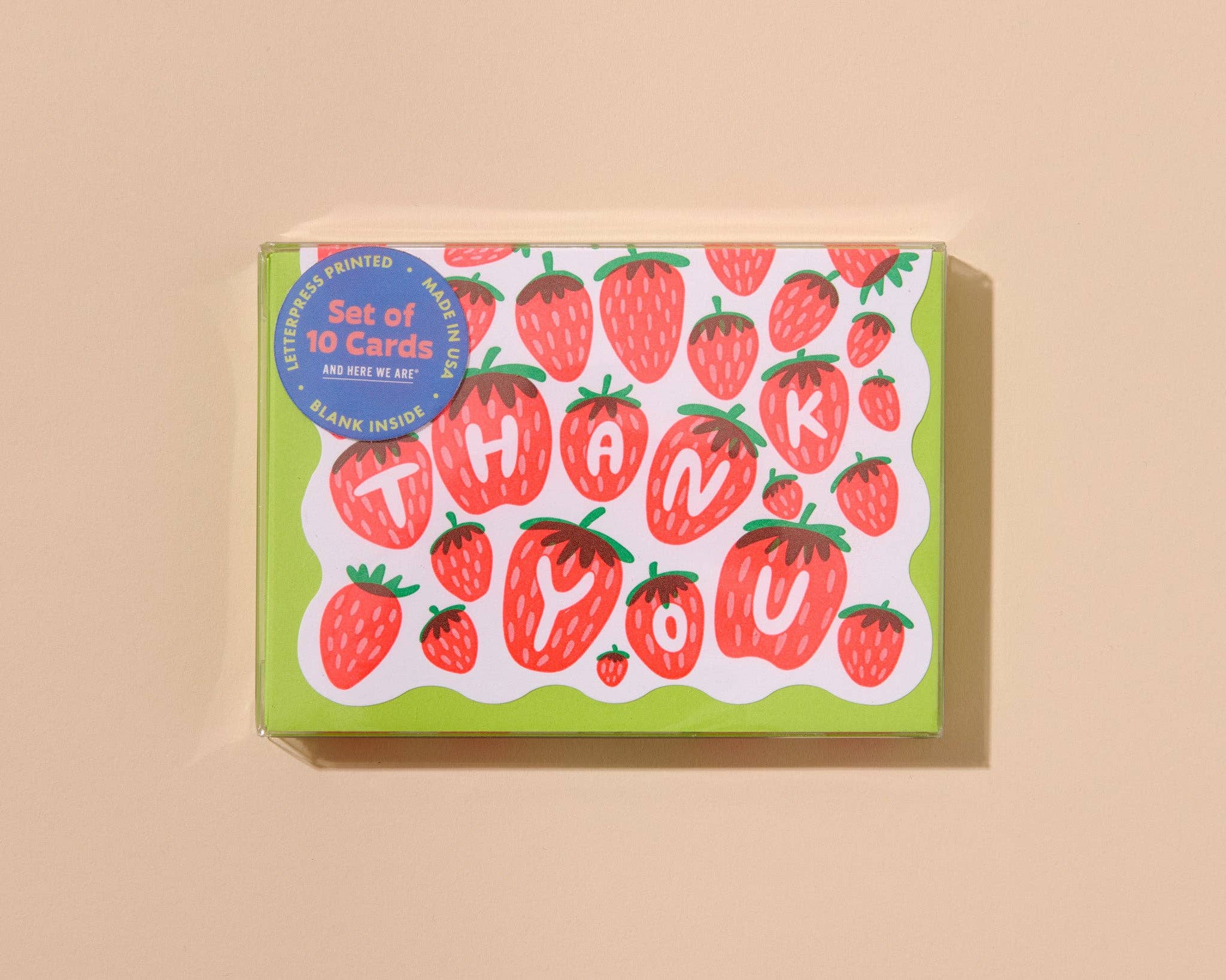 And Here We Are - Wholesale Stationery/Notecard Set - Strawberry Letterpress Scalloped Thank You Card Set (10) - Made in USA - Berry, Fruit, Garden  - Stocking stuffer, Holiday, Gift Guide1