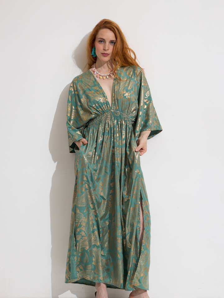 Long dress with gold block print for wholesale by ANISA