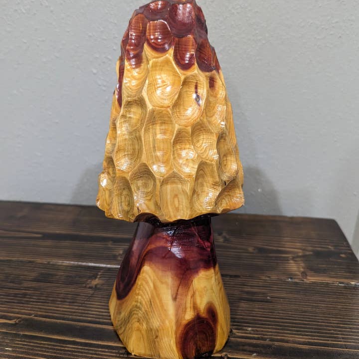 Red Chainsaw Carving of Morel Mushroom, Cedar Log Morel Mushroom carving, Made in USA for wholesale on Faire