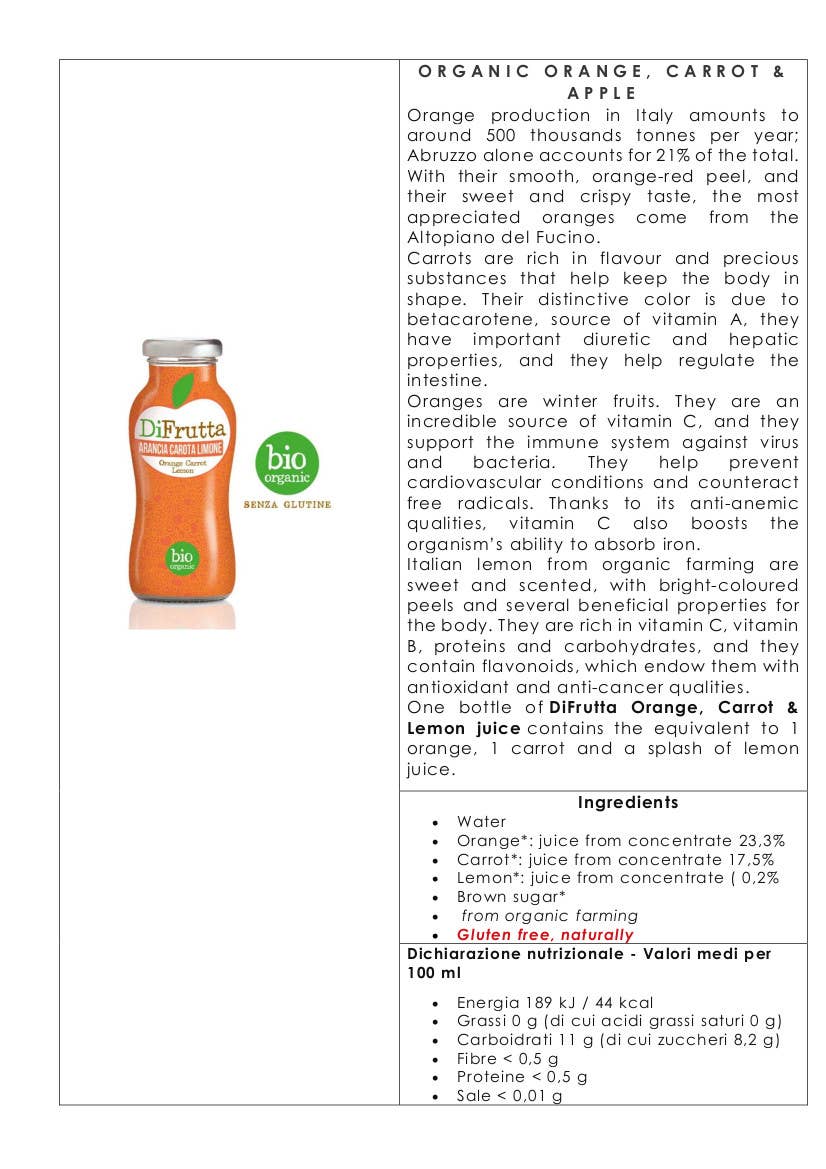 Metina SAS - Wholesale Fruit Juice - Orange Carrot Lemon Organic Fruit Juice DiFrutta 20 cl.1
