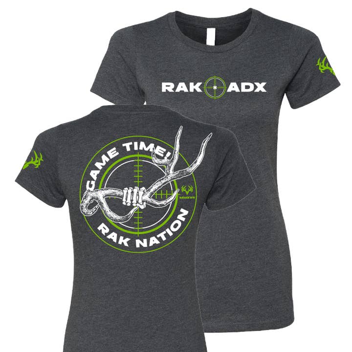 Ladies "Game Time!" Charcoal Tee Shirt for wholesale by Rak•Adx Hunting Apparel