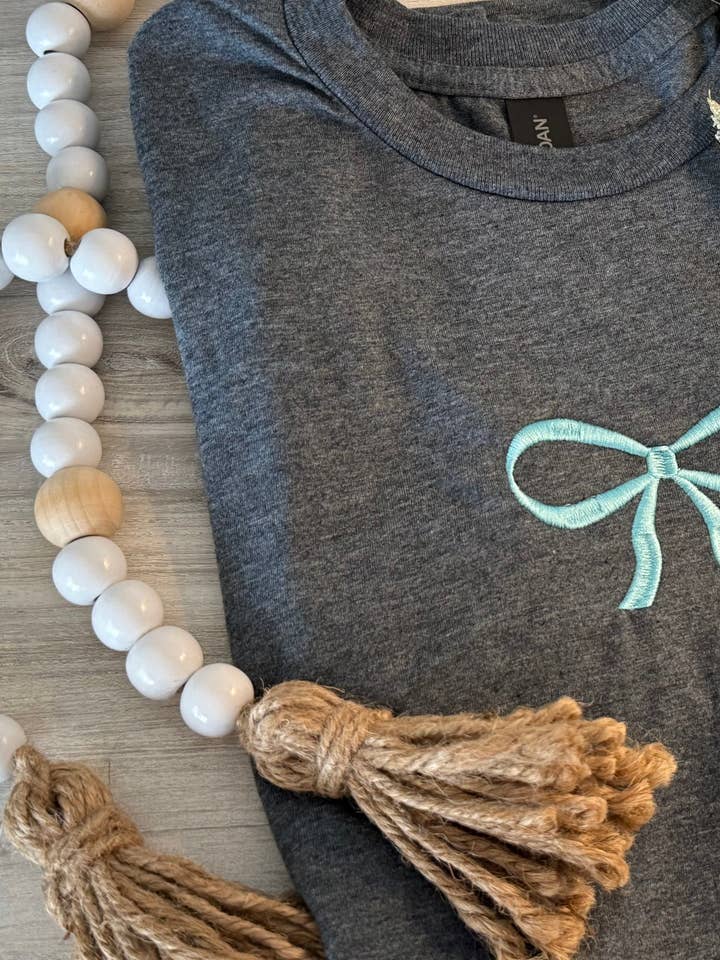 Embroidered Bow in gray Tee for wholesale by Soyer Designs & Co