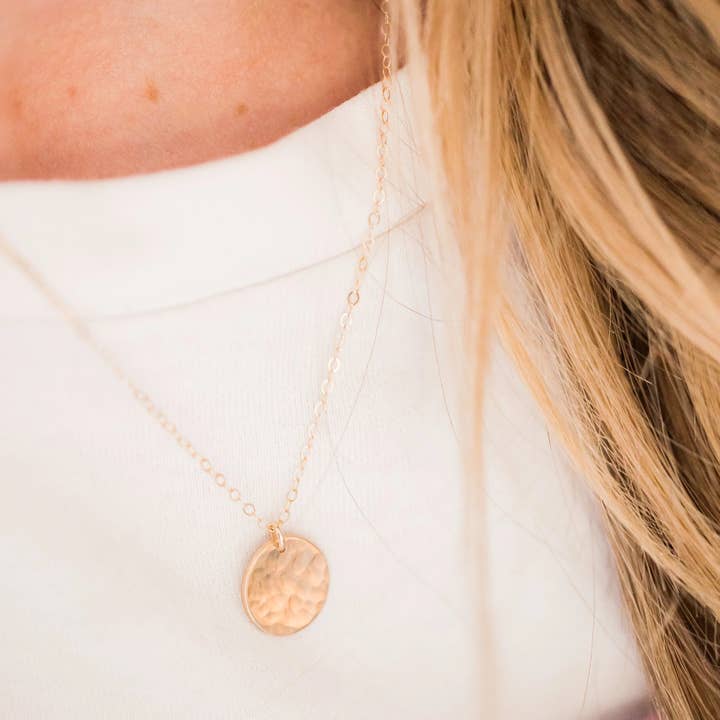Hammered Disc Necklace | 14k Gold Fill & Sterling Silver for wholesale by Barberry & Lace Handmade Jewelry