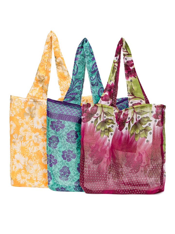 Reusable Fold-Up Shopping Bag - Assorted Upcycled Sari for wholesale by Matr Boomie Fair Trade