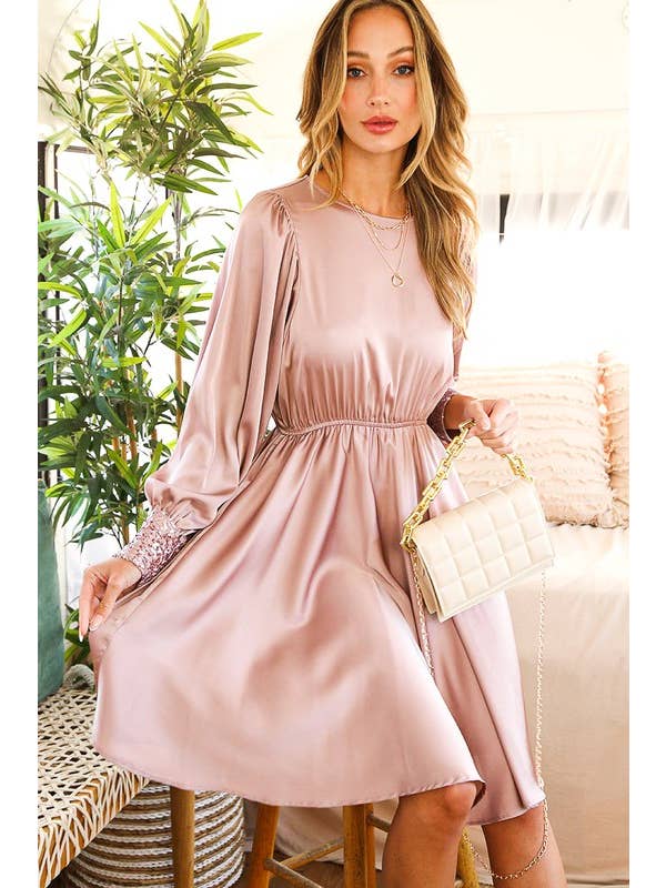 Vine & Love - Wholesale Dress - Women's - Sequin Detail Swing Satin Knee Dress VD8128516
